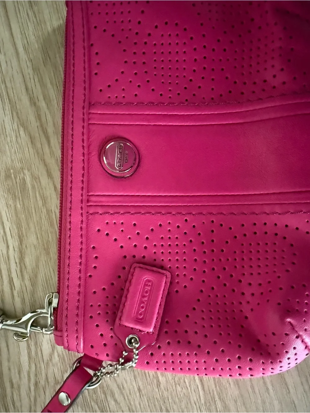 Coach Hot Pink Perforated Leather Wristlet Clutch Silver Hardware